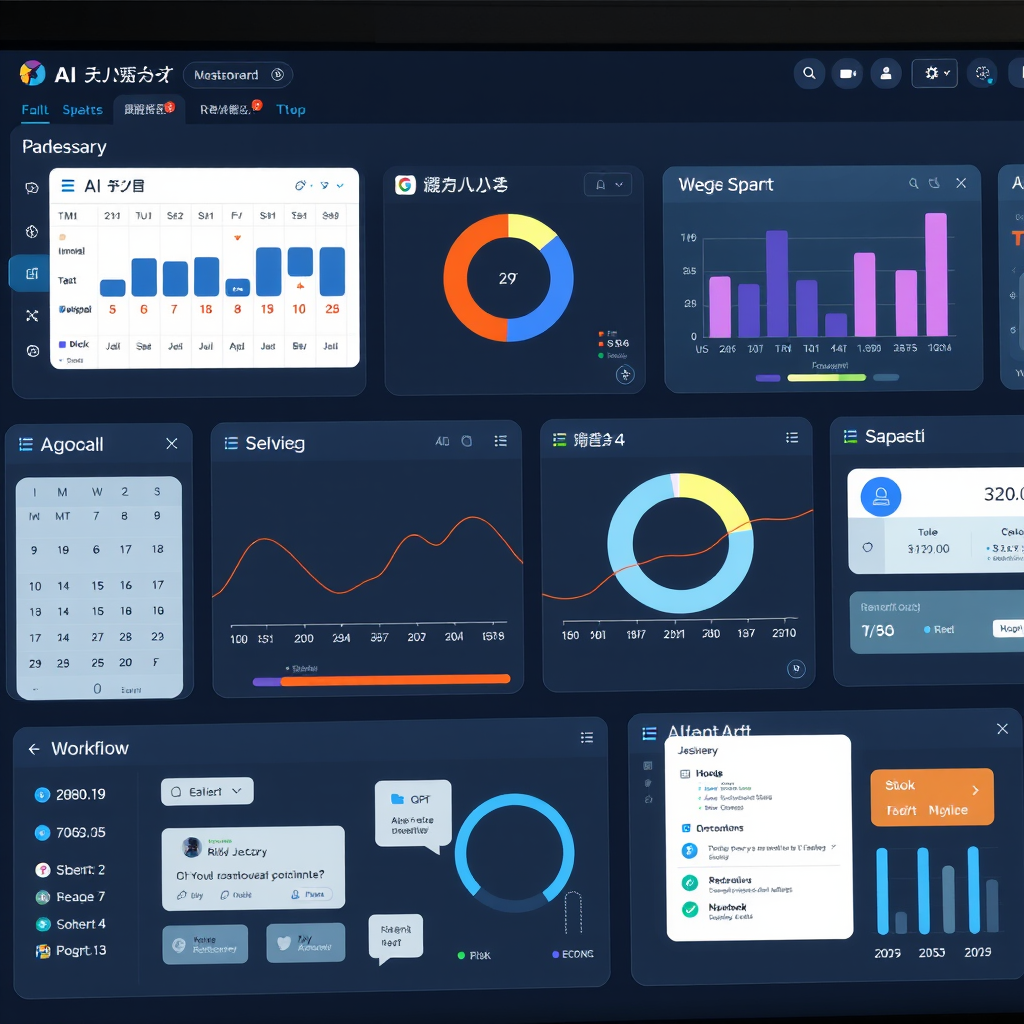 Modern dashboard interface showing various AI productivity tools including scheduling assistants, document processors, and workflow automation systems used by Japanese professionals