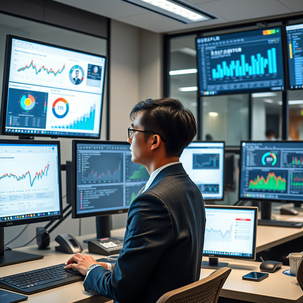 Modern Japanese office workspace with multiple computer screens displaying AI productivity dashboards, charts, and automation interfaces, with a professional in business attire analyzing data