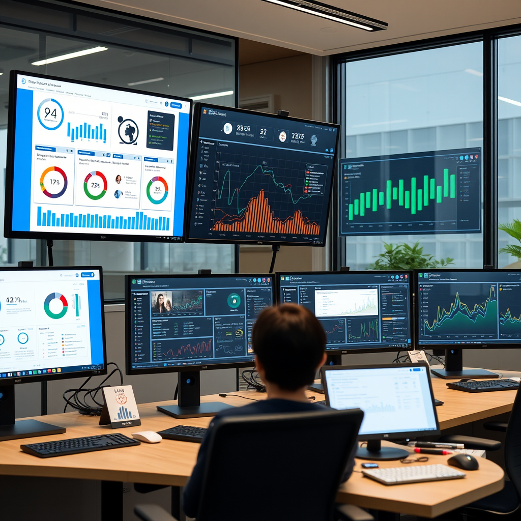 Modern office setup with multiple monitors displaying AI workflow dashboards, remote team collaboration tools, and productivity analytics in a Japanese business environment