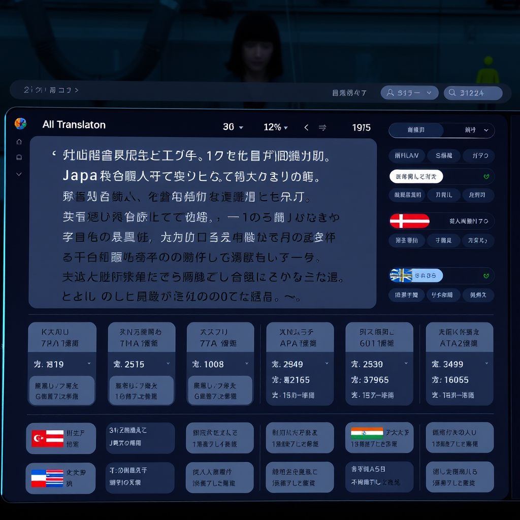 Modern AI translation interface showing Japanese text being translated to multiple languages with accuracy metrics and cultural adaptation features displayed on a sleek dashboard