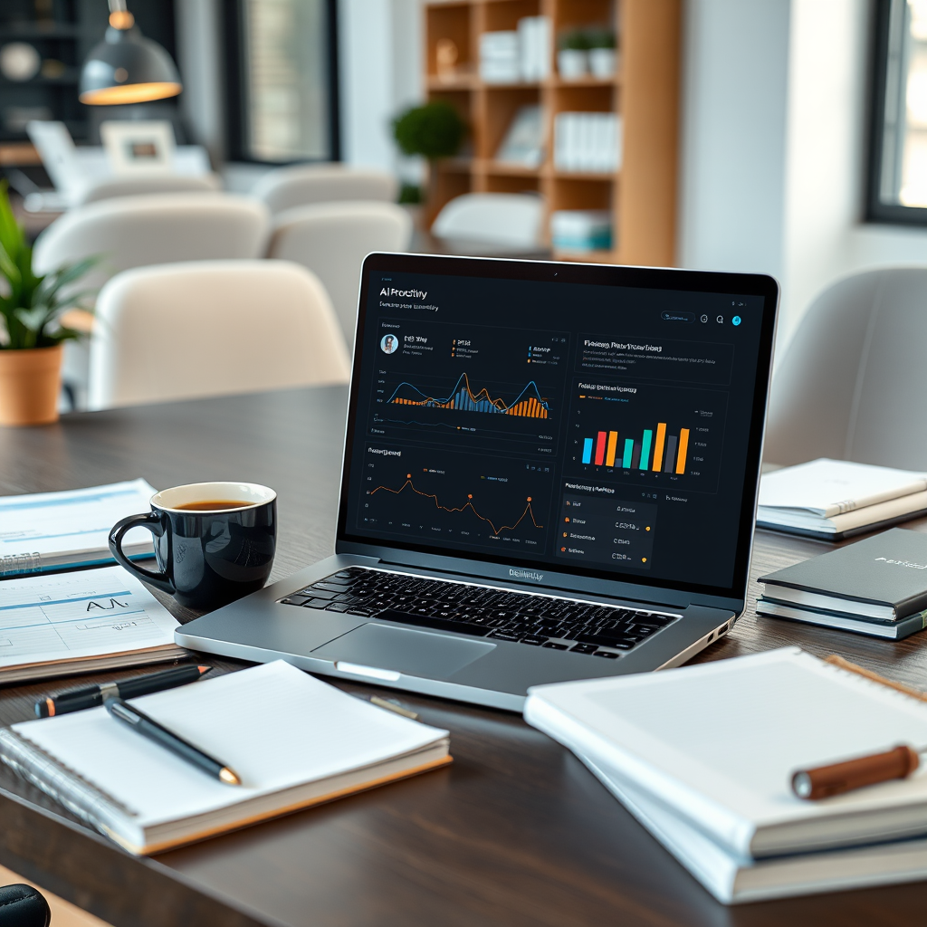 Professional workspace with laptop displaying AI productivity dashboard, surrounded by notebooks, coffee cup, and modern office setup representing a structured learning environment