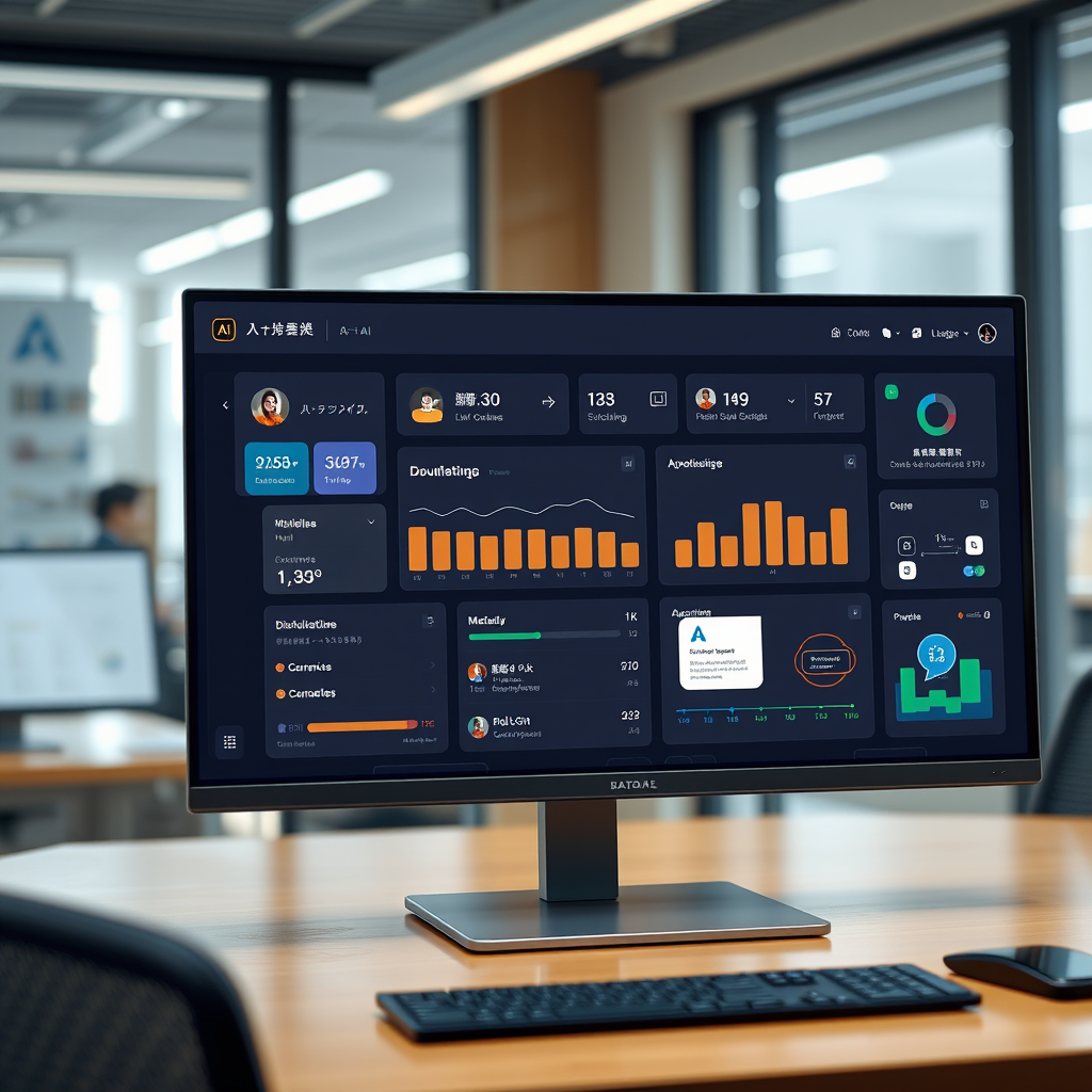 Modern dashboard interface showing various AI productivity tools including scheduling assistants, document processors, and automation workflows on a sleek computer screen in a Japanese office environment