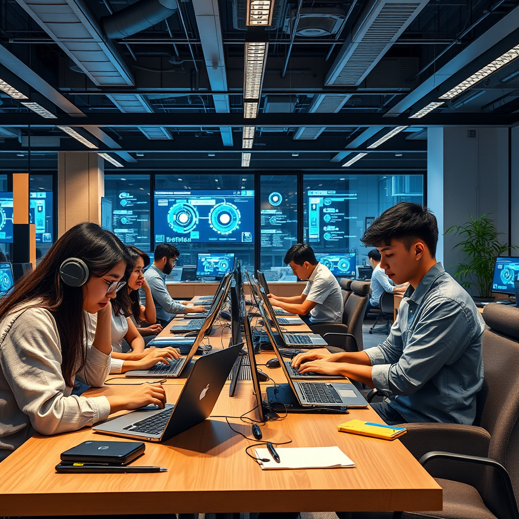 Modern Tokyo startup office with young entrepreneurs working on laptops, AI automation screens visible in background, showcasing innovative technology workspace