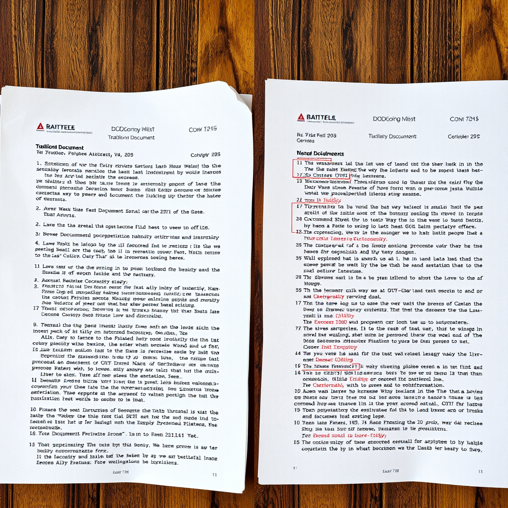 Split screen showing traditional paper documents on left and digital AI-processed documents with highlighted data extraction points on right, demonstrating automated document analysis