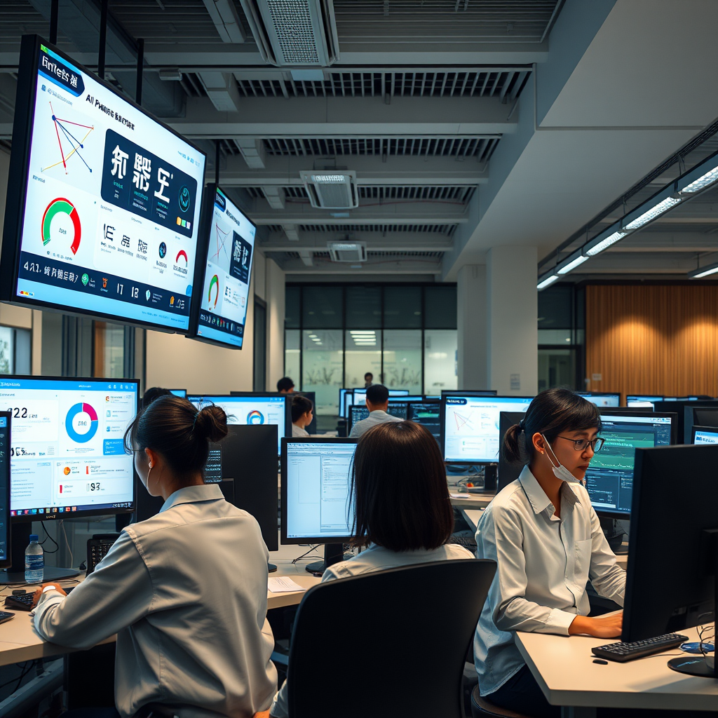 Modern Japanese office interior showing employees working at computer workstations with AI automation dashboards and customer support systems displayed on multiple monitors