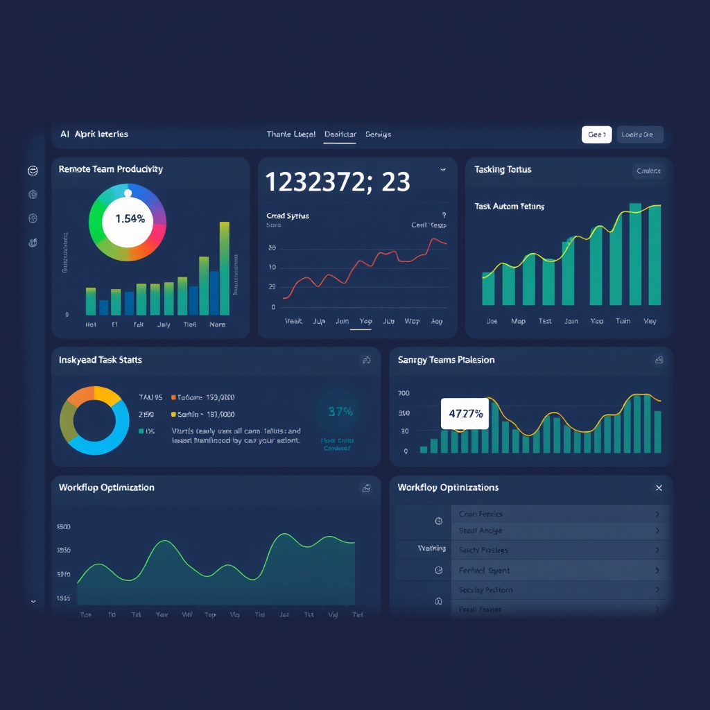 Clean dashboard interface showing AI analytics for remote team productivity metrics, task automation status, and workflow optimization recommendations