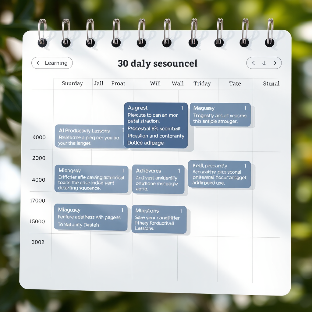 Clean calendar interface showing 30-day learning schedule with daily AI productivity lessons marked, featuring progress tracking and milestone achievements