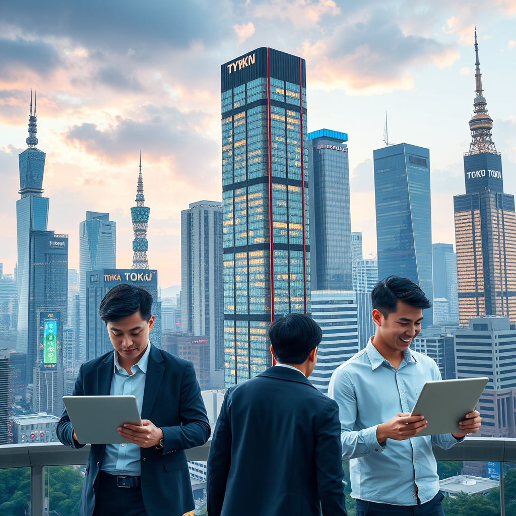 Dynamic Tokyo cityscape with modern skyscrapers and startup office buildings, featuring young entrepreneurs working with AI automation tools on laptops and tablets, symbolizing rapid business growth and innovation