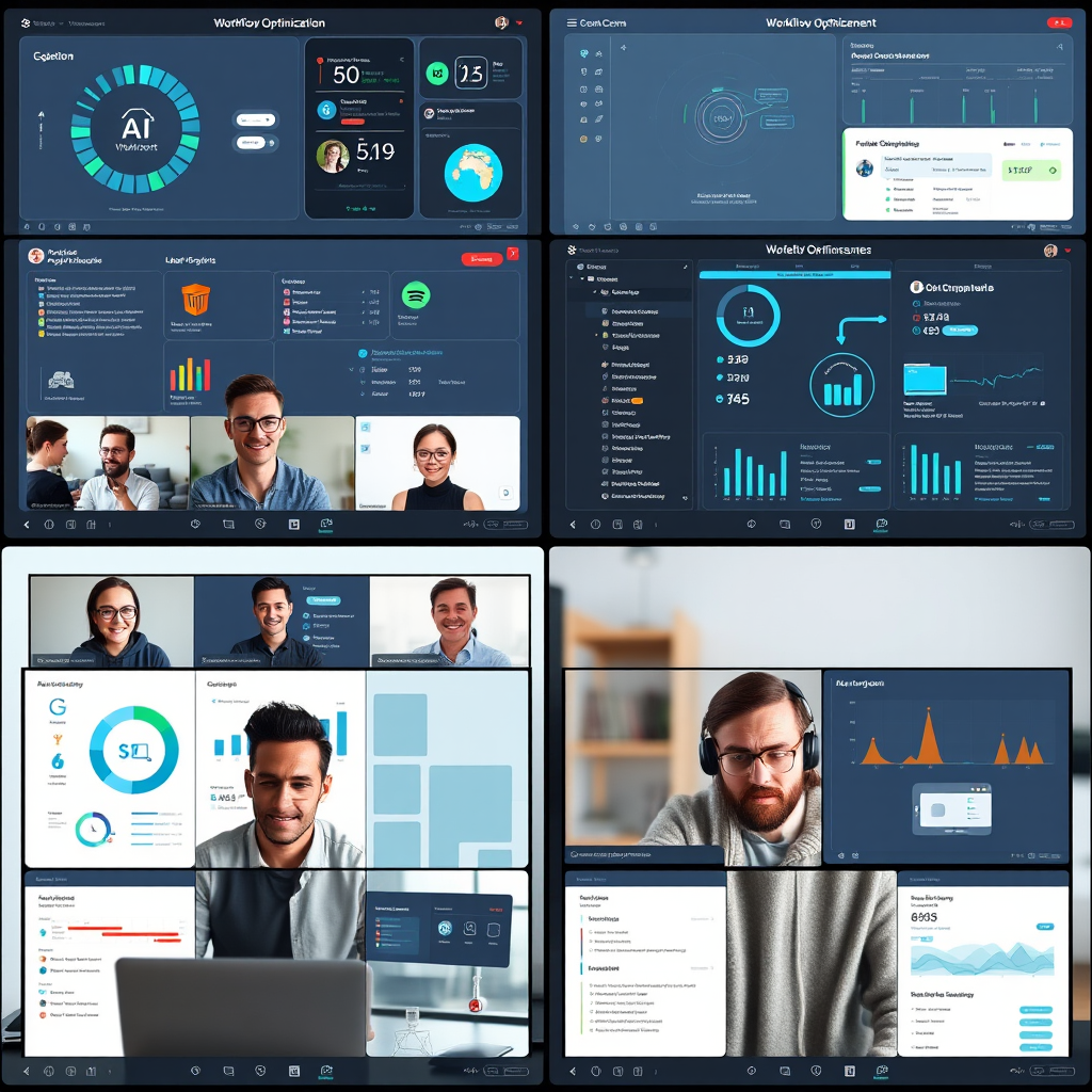 Split screen showing remote team members in video conference with AI-powered workflow optimization tools, project management dashboards, and automated communication systems