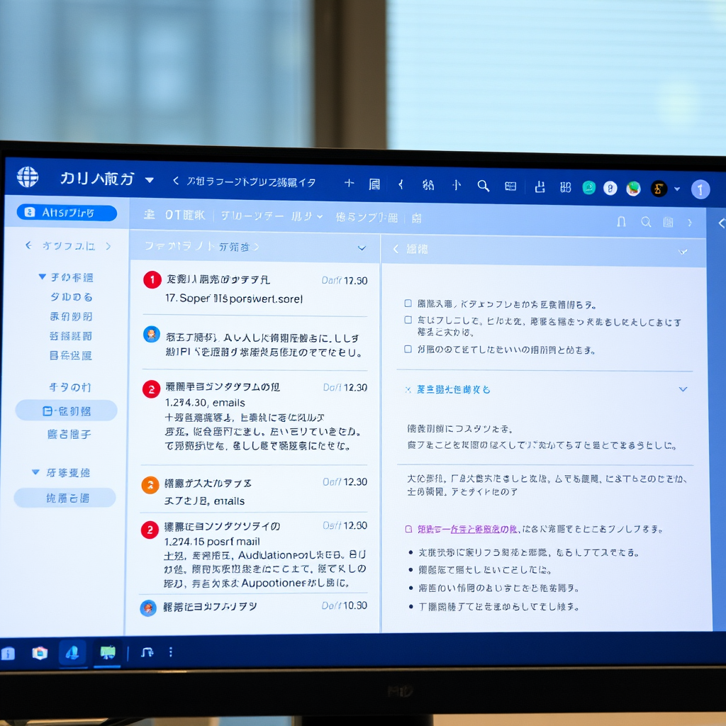 Computer screen showing AI email assistant interface with Japanese and English email drafts, priority sorting, and automated response suggestions