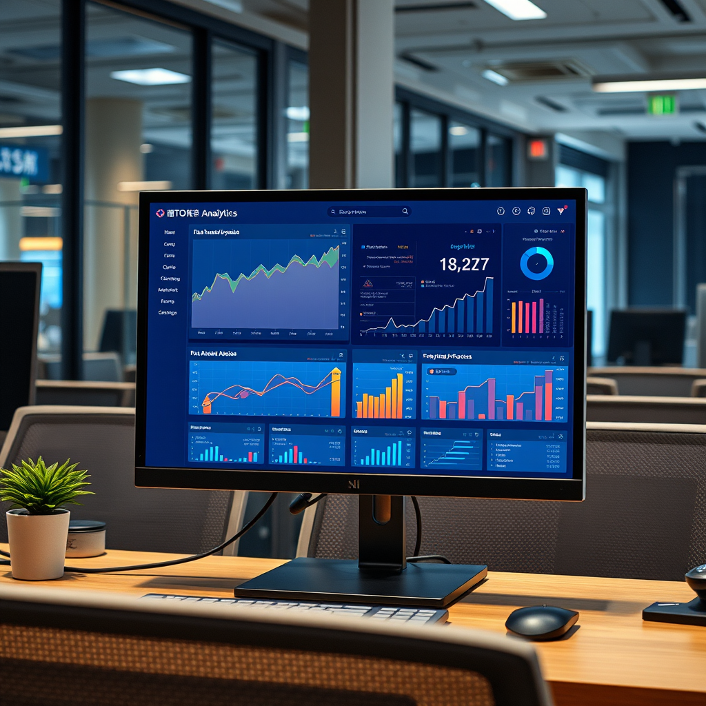 Computer screen displaying advanced data analytics dashboard with AI automation charts, graphs, and real-time processing metrics in a modern Tokyo startup office environment