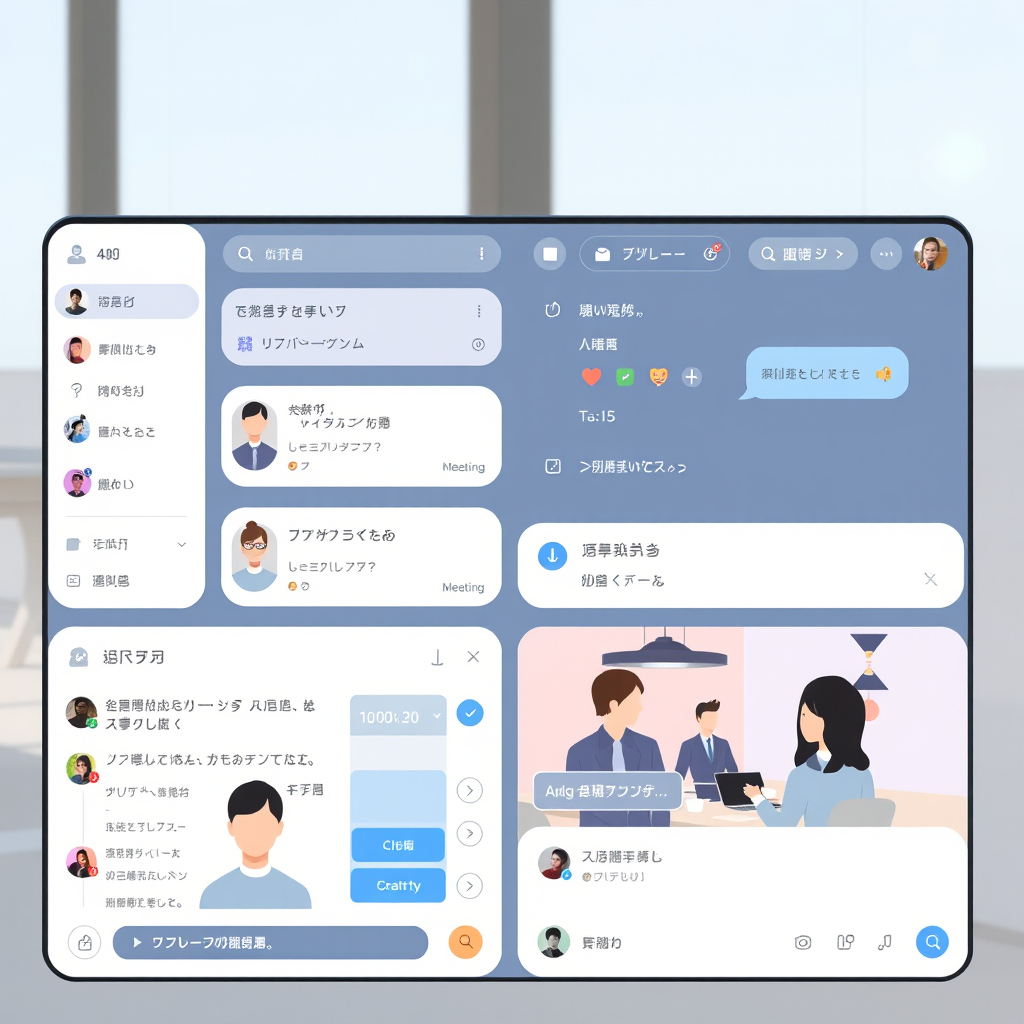 Modern communication interface showing AI-powered chat translation, meeting scheduler, and team collaboration tools designed for Japanese remote work environments