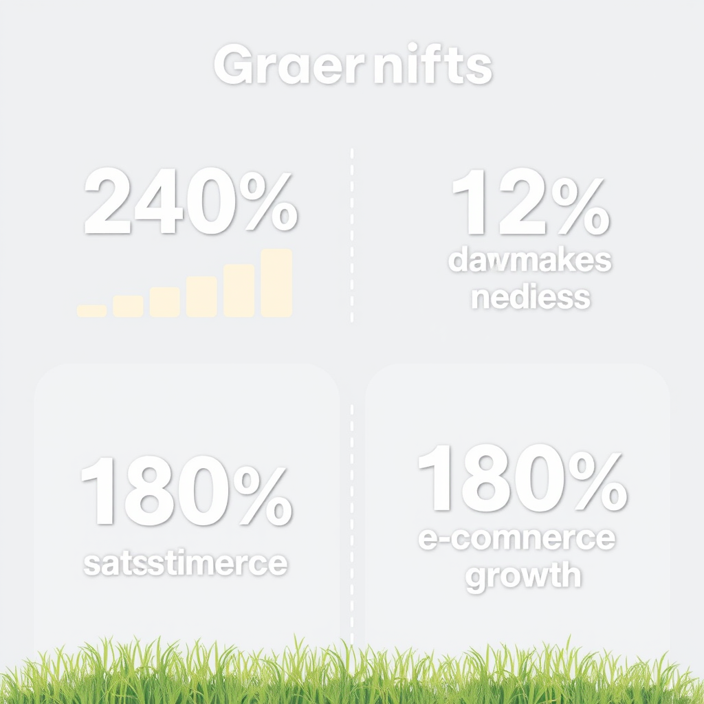 Infographic showing growth metrics: 240% revenue increase, 12 new markets, 35% improved customer satisfaction, and 180% e-commerce growth