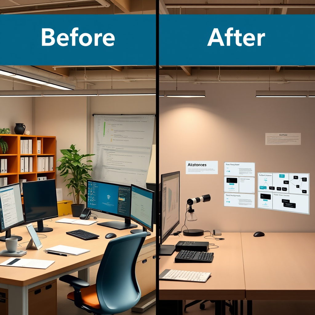 Split-screen view showing before and after workspace productivity, with traditional manual processes on left and AI-automated workflows on right, demonstrating efficiency improvements