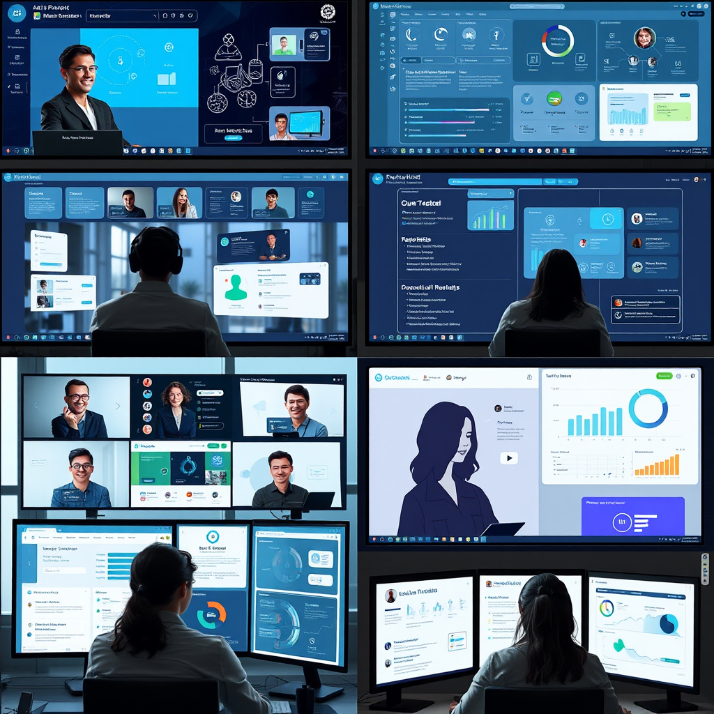 Split-screen view showing remote team members in different locations connected through AI-powered workflow systems, with digital project management interfaces, automated communication tools, and productivity dashboards visible on multiple screens