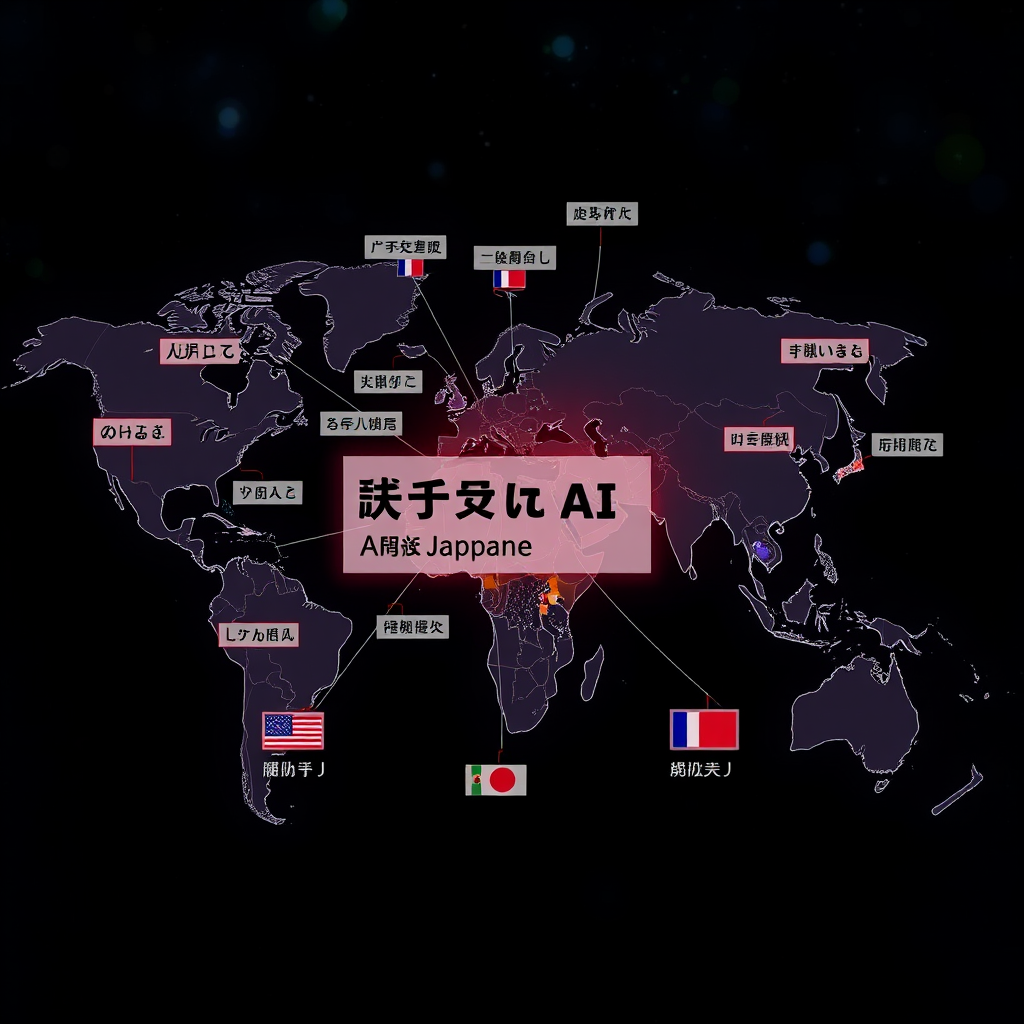 World map with connected nodes showing AI translation services, Japanese text being converted to multiple languages, global business communication interface