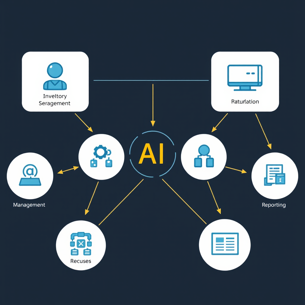 Flowchart diagram showing interconnected business processes with AI automation nodes, including customer service, inventory management, and reporting systems