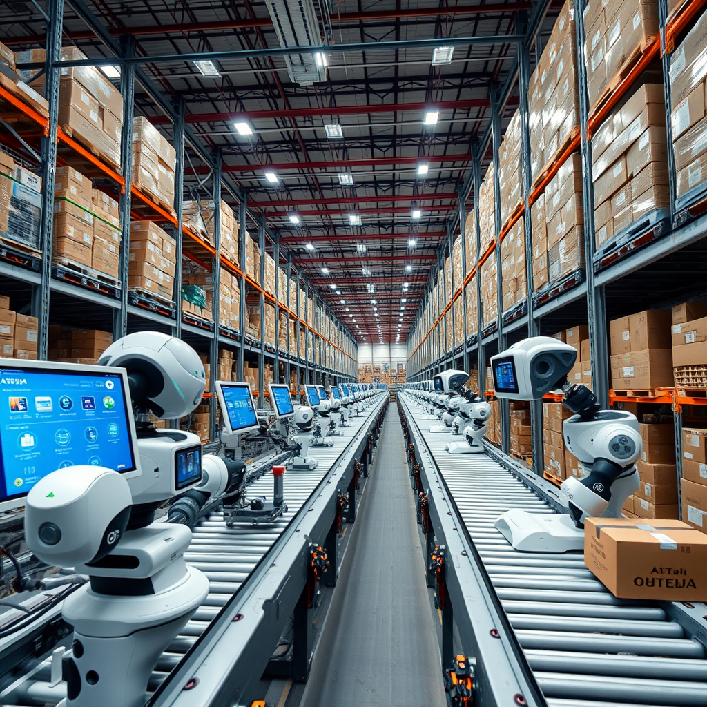 Modern automated warehouse facility in Tokyo showing AI-powered robots and conveyor systems efficiently managing inventory and logistics operations with digital monitoring displays