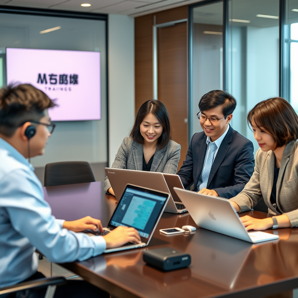 Professional training session showing Japanese business professionals learning AI productivity tools on laptops in a modern conference room setting