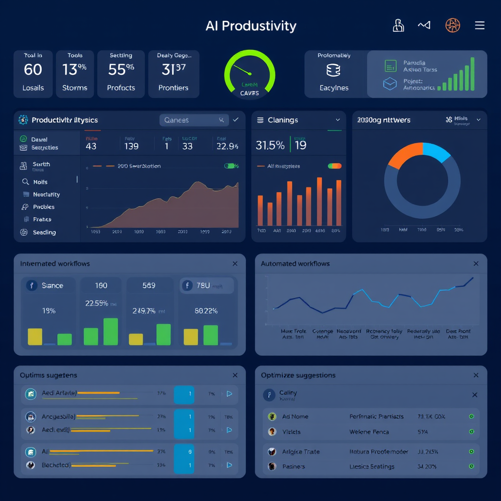 Advanced AI productivity dashboard showing multiple integrated tools, performance metrics, automated workflows, and optimization suggestions in a professional interface