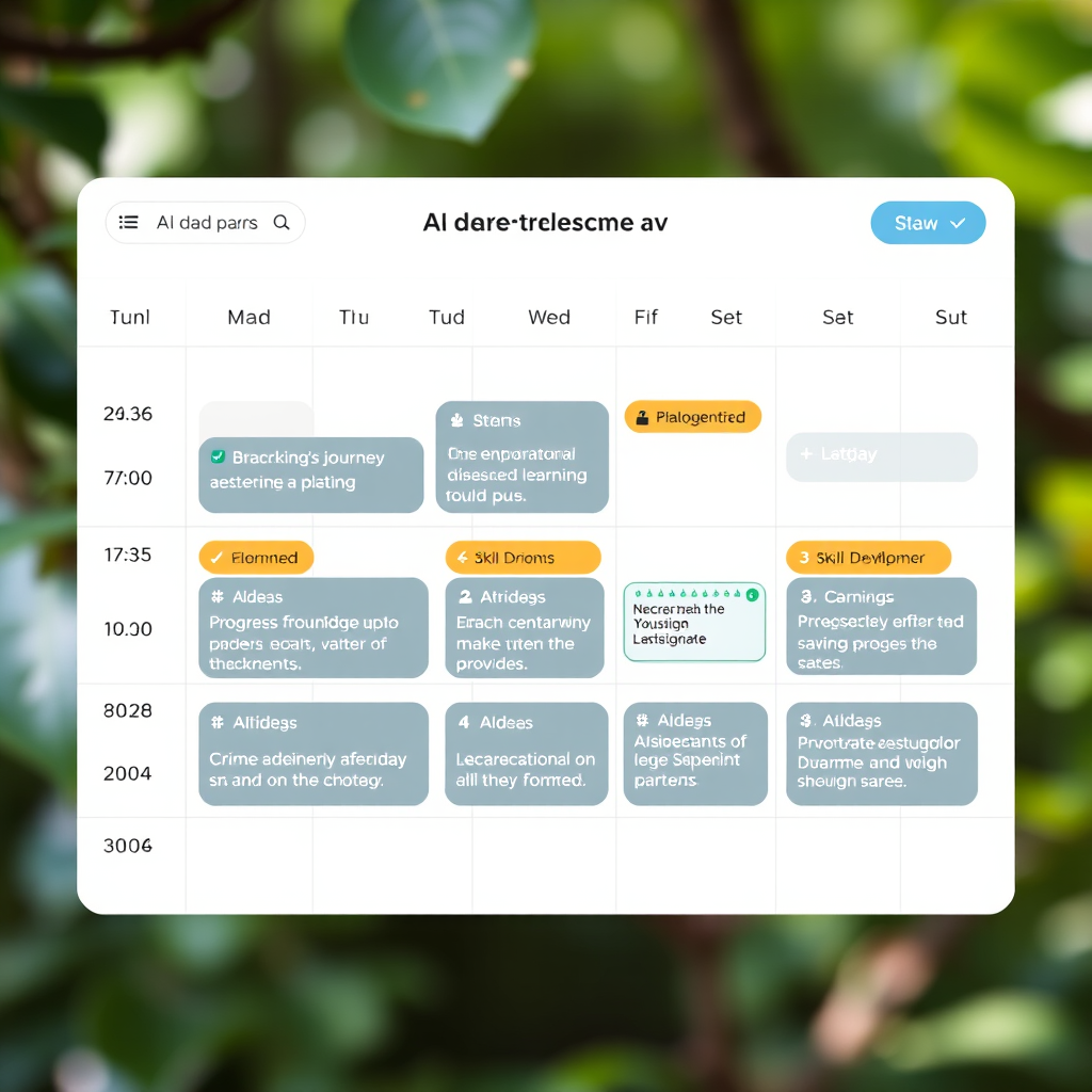 Calendar interface showing 30-day AI learning journey with daily progress markers, productivity metrics, and skill development milestones for busy professionals