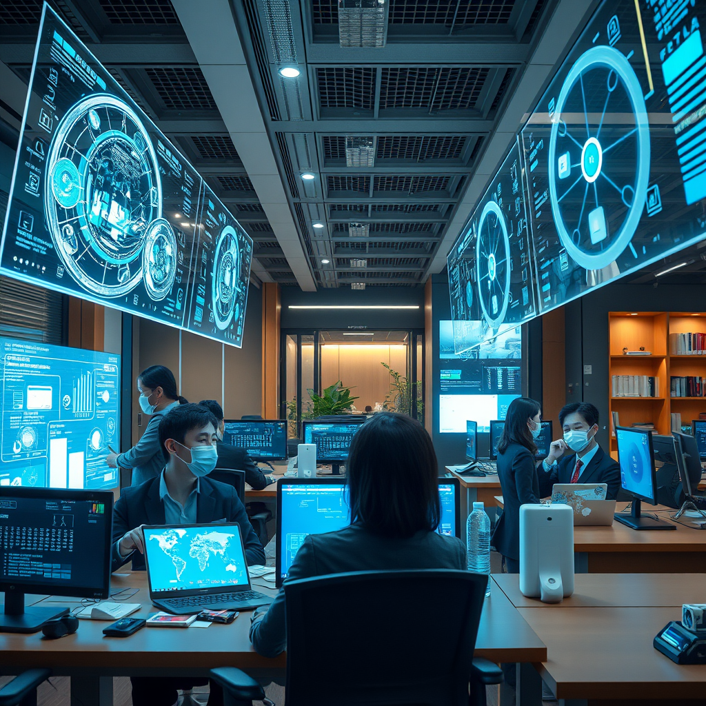 Futuristic Japanese office with holographic displays, AI assistants, and professionals collaborating with advanced technology interfaces