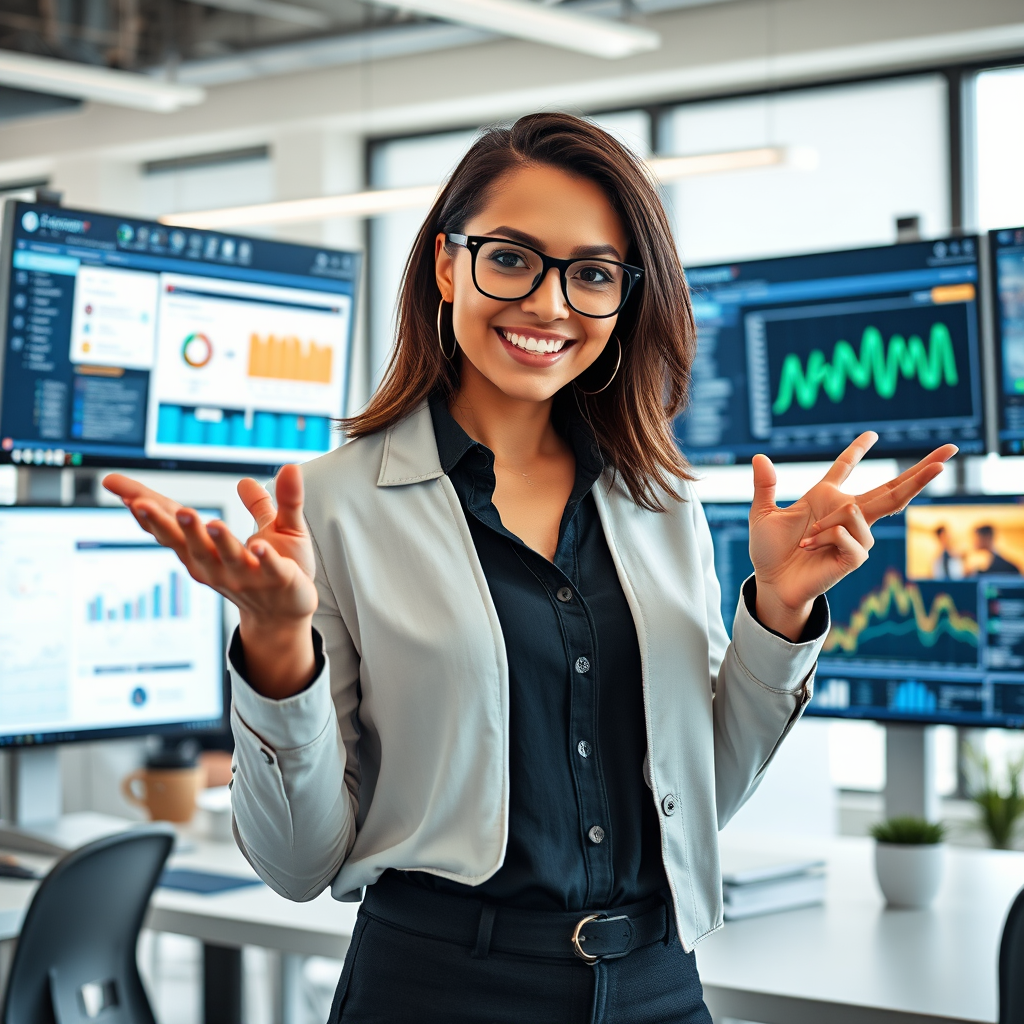 Modern professional confidently using AI tools in a bright office environment, with multiple screens showing automated workflows, productivity dashboards, and successful project completions