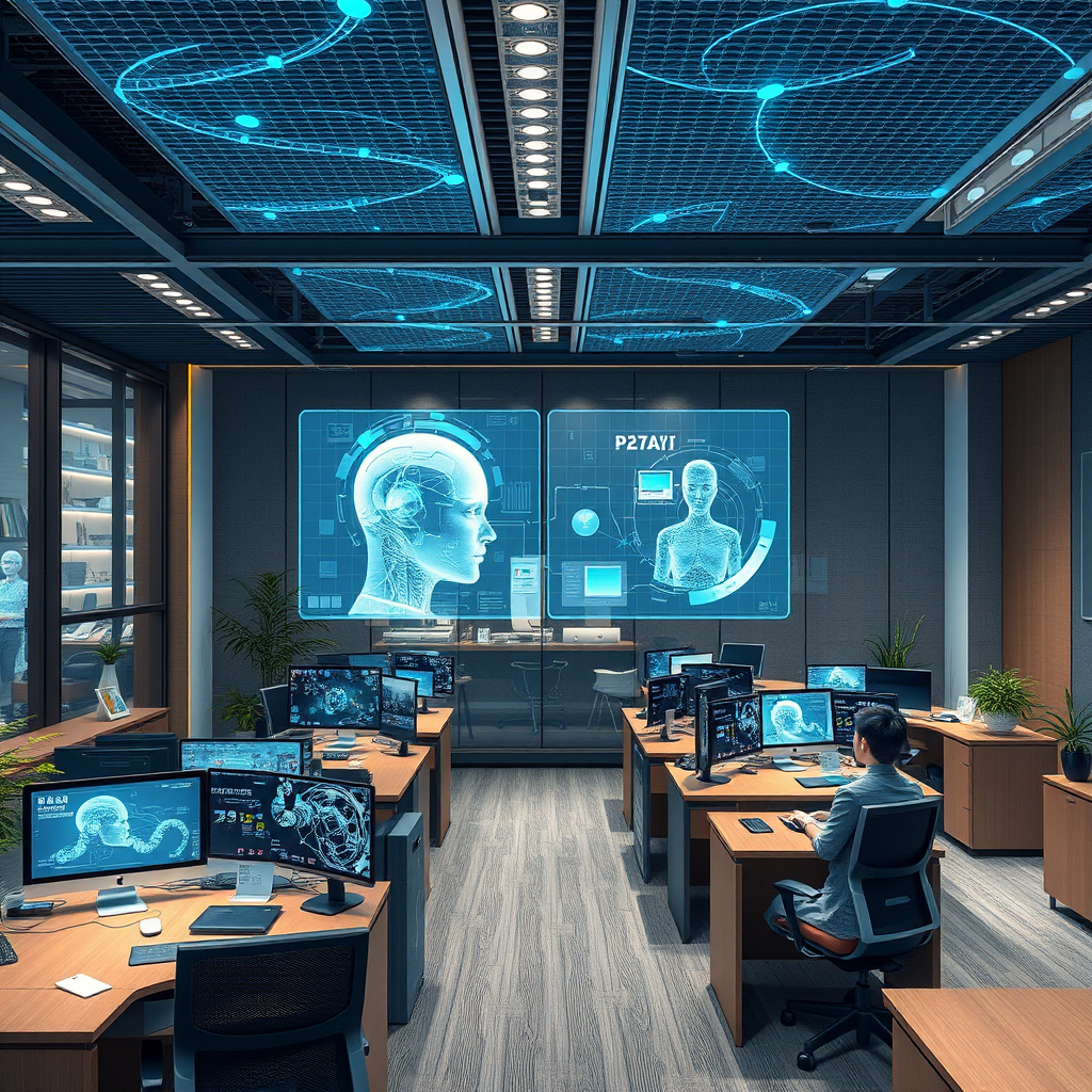 Futuristic office environment showcasing advanced AI integration, holographic displays, and seamless remote collaboration technology in a Japanese corporate setting